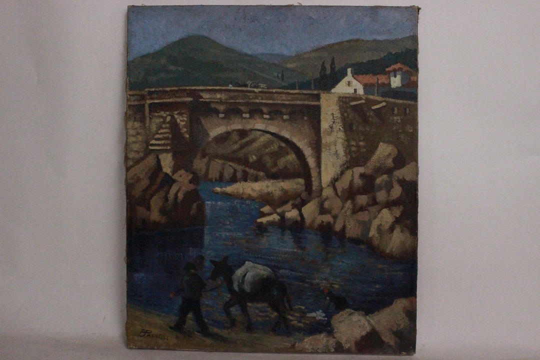 100_olio_su_tela_uomo_cammina_asino_ponte_firma_firmato_seconda_metà_Novecento_francese_Francia_FRA_0