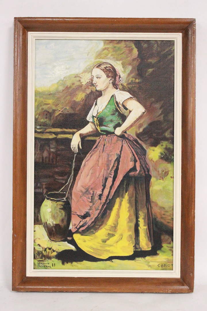 715_quadro_dipinto_olio_su_tela_painting_oil_on_canvas_fanciulla_damigiana_cornice_frame_firma_firmato_Corot_Francia_FRA_0