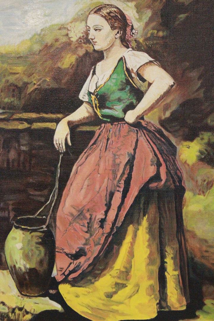 715_quadro_dipinto_olio_su_tela_painting_oil_on_canvas_fanciulla_damigiana_cornice_frame_firma_firmato_Corot_Francia_FRA_1