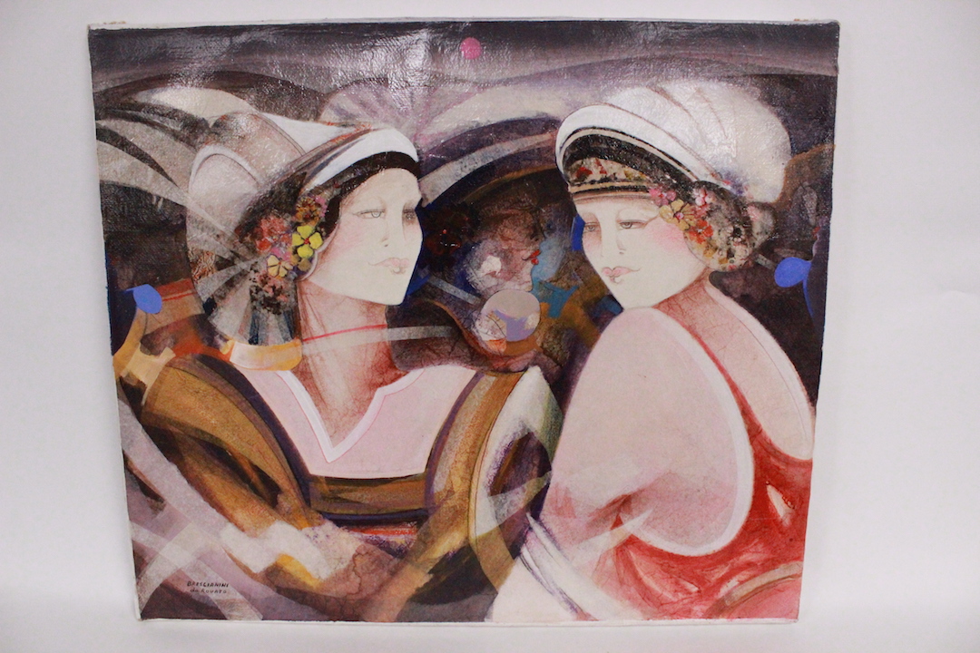 272_quadro_painting_olio_tela_oil_on_canvass_technique_titolo_osservando_title_watching_donne_women_Novecento_900_Brescianini_da_Rovato_firmato_signed_0