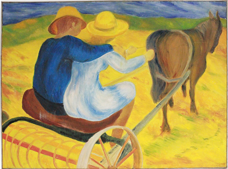 364_quadro_paint_olio_su_tela_oil_on_canvass_coppia_couple_asino_donkey_carro_campagna_firmato_signed_Simon_0