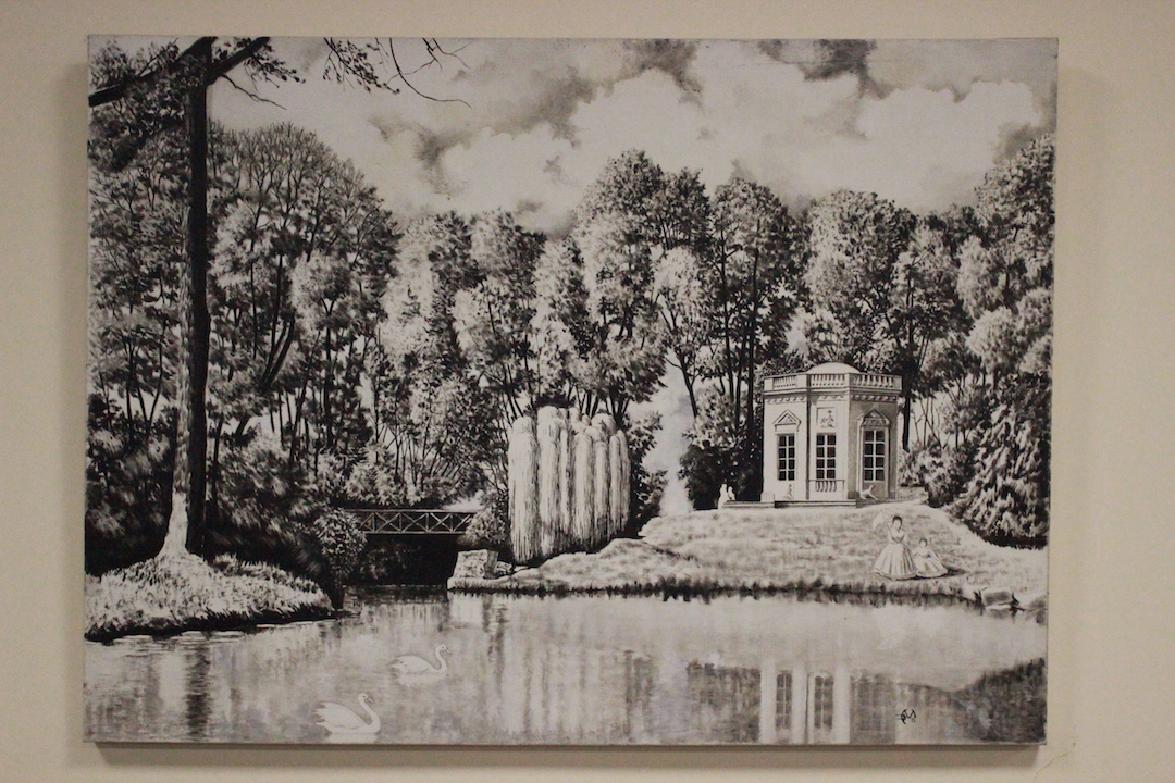 611_quadro_paint_painting_olio_su_tela_oil_on_canvass_stagno_alberi_bianco_nero_black_white_trees_swans_0