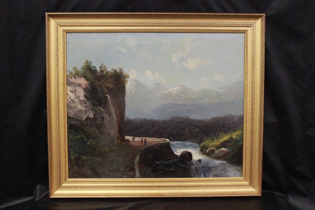 554_quadro_dipinto_olio_su_tela_painting_oil_on_canvas_landscape_paesaggio_fiume_river_montagne_mountains_donne_women_cornice_frame_0