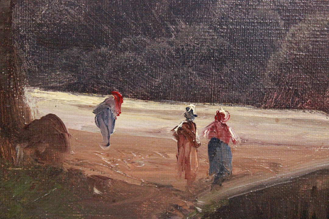 554_quadro_dipinto_olio_su_tela_painting_oil_on_canvas_landscape_paesaggio_fiume_river_montagne_mountains_donne_women_cornice_frame_2