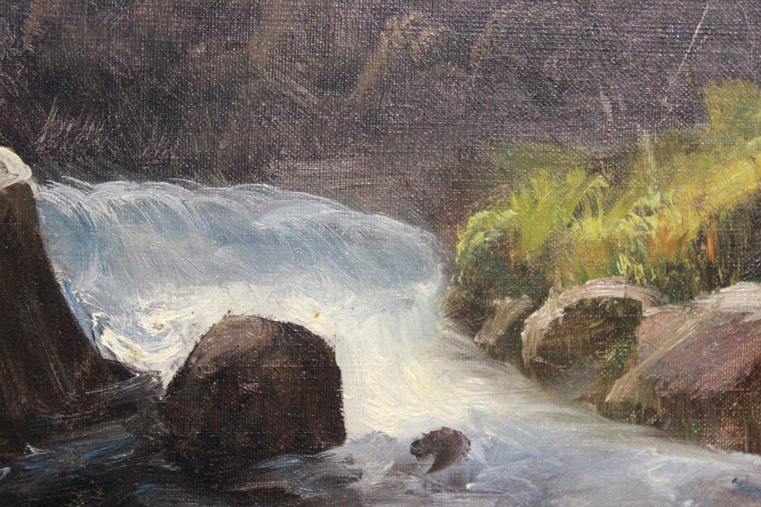 554_quadro_dipinto_olio_su_tela_painting_oil_on_canvas_landscape_paesaggio_fiume_river_montagne_mountains_donne_women_cornice_frame_3