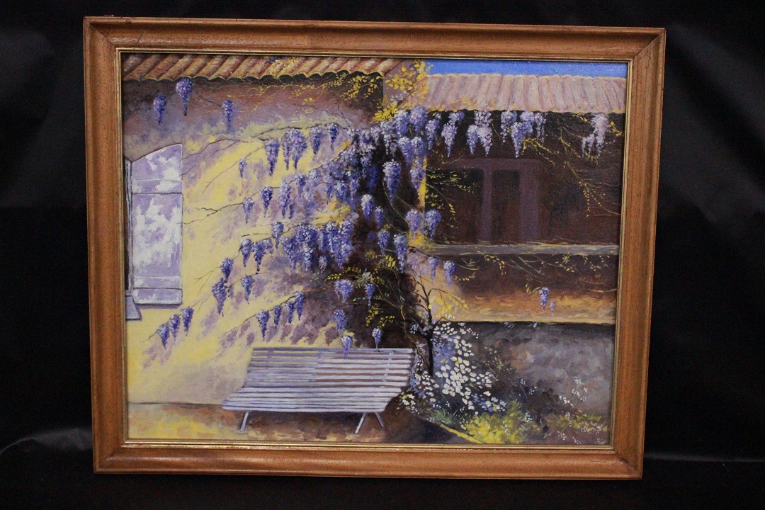 556_quadro_dipinto_olio_su_tavola_painting_oil_on_board_fiori_flowers_panchina_bench_cornice_frame_0