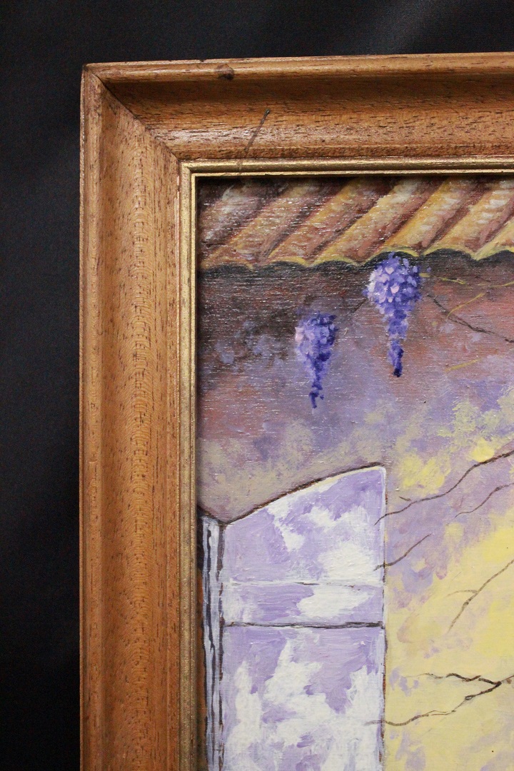 556_quadro_dipinto_olio_su_tavola_painting_oil_on_board_fiori_flowers_panchina_bench_cornice_frame_1