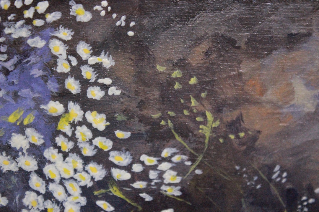 556_quadro_dipinto_olio_su_tavola_painting_oil_on_board_fiori_flowers_panchina_bench_cornice_frame_4