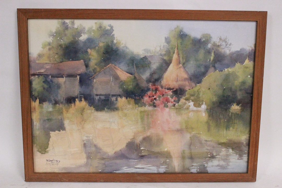560_quadro_painting_cornice_frame_vetro_glass_tecnica_mista_mixed_technique_case_homes_lago_lake_matita_crayon_acquarello_watercolor_su_carta_on_paper_0
