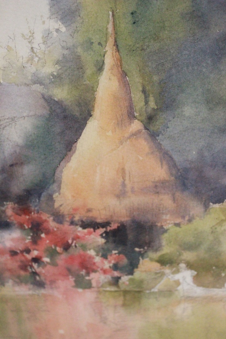 560_quadro_painting_cornice_frame_vetro_glass_tecnica_mista_mixed_technique_case_homes_lago_lake_matita_crayon_acquarello_watercolor_su_carta_on_paper_1
