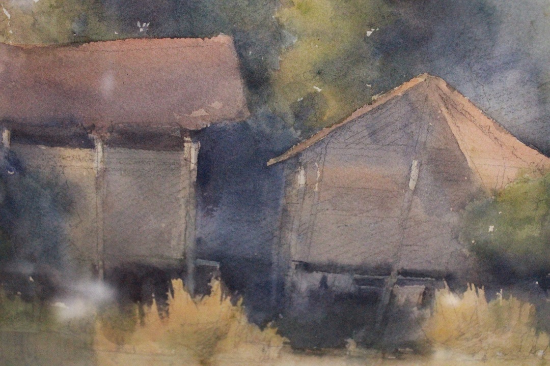 560_quadro_painting_cornice_frame_vetro_glass_tecnica_mista_mixed_technique_case_homes_lago_lake_matita_crayon_acquarello_watercolor_su_carta_on_paper_5