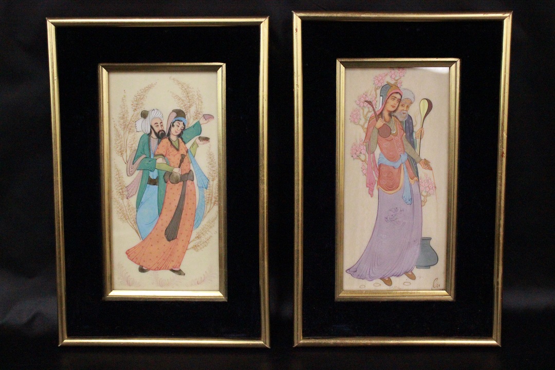 563_quadri_paintings_due_2_two_cornice_frame_velluto_nero_black_velvet_oriente_oriental_est_coppia_double_tecnica_mista_su_pannello_mixed_technique_on_board_0