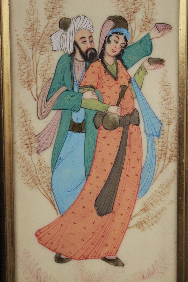 563_quadri_paintings_due_2_two_cornice_frame_velluto_nero_black_velvet_oriente_oriental_est_coppia_double_tecnica_mista_su_pannello_mixed_technique_on_board_1