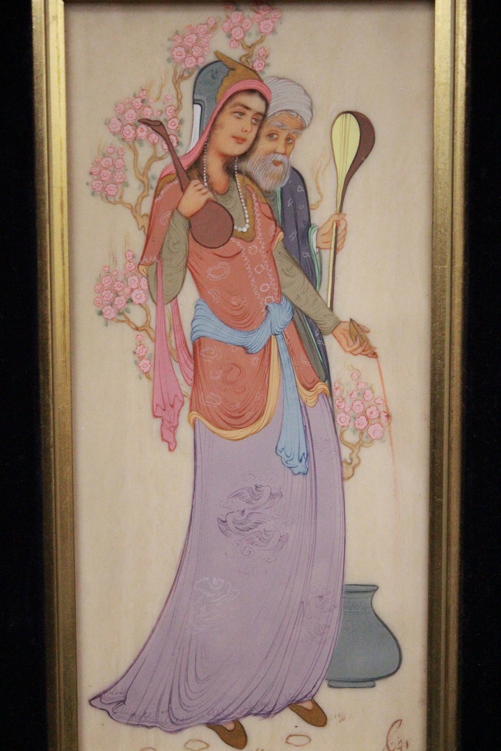 563_quadri_paintings_due_2_two_cornice_frame_velluto_nero_black_velvet_oriente_oriental_est_coppia_double_tecnica_mista_su_pannello_mixed_technique_on_board_3