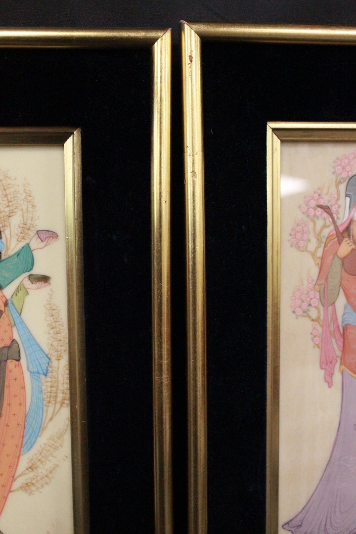 563_quadri_paintings_due_2_two_cornice_frame_velluto_nero_black_velvet_oriente_oriental_est_coppia_double_tecnica_mista_su_pannello_mixed_technique_on_board_5
