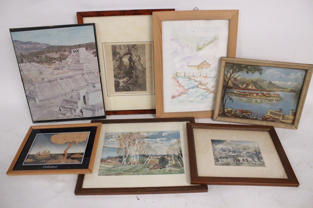 439_lotto_7_sette_stampe_cornici_legno_wood_frames_tema_misto_tecnica_0