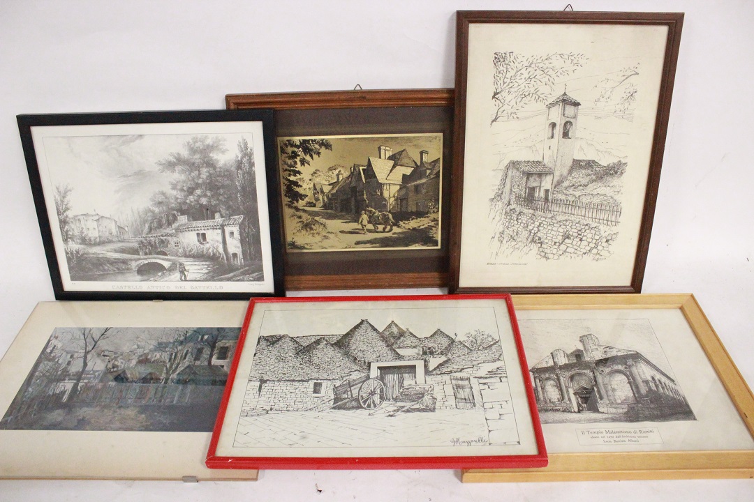 440_lotto_6_sei_stampe_cornici_legno_wood_frames_tema_misto_tecnica_0