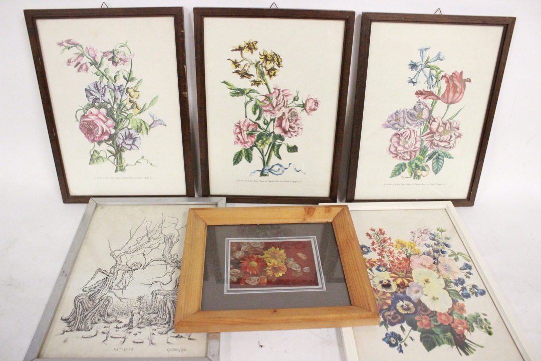 443_lotto_6_sei_stampe_cornici_legno_wood_frames_tema_floreale_flowers_theme_tecnica_mista_0