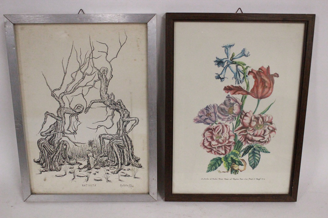 443_lotto_6_sei_stampe_cornici_legno_wood_frames_tema_floreale_flowers_theme_tecnica_mista_3