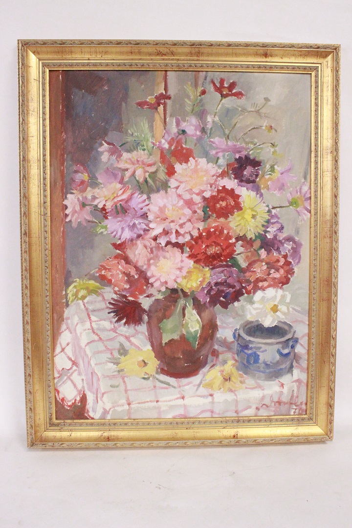 362_quadro_cornice_olio_su_faesite_vaso_fiori_tovaglia_Italia_firmato_autore_firma_ITA_metà_1900_0
