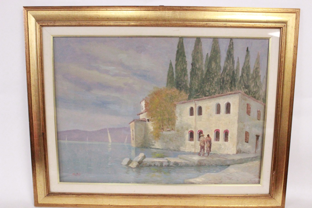 381_quadro_cornice_olio_su_tela_paesaggio_lacustre_lago_casa_persone_Italia_firmato_autore_Giancarlo_Milani_firma_ITA_metà_1900_0