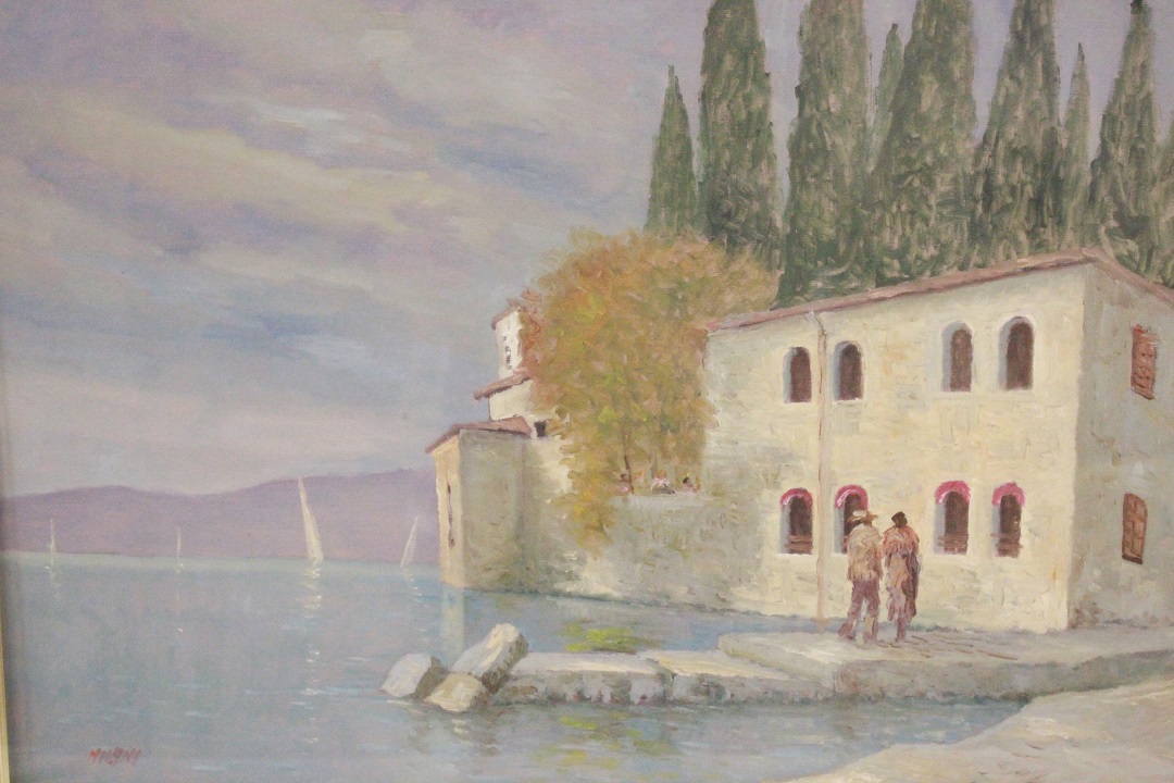 381_quadro_cornice_olio_su_tela_paesaggio_lacustre_lago_casa_persone_Italia_firmato_autore_Giancarlo_Milani_firma_ITA_metà_1900_1