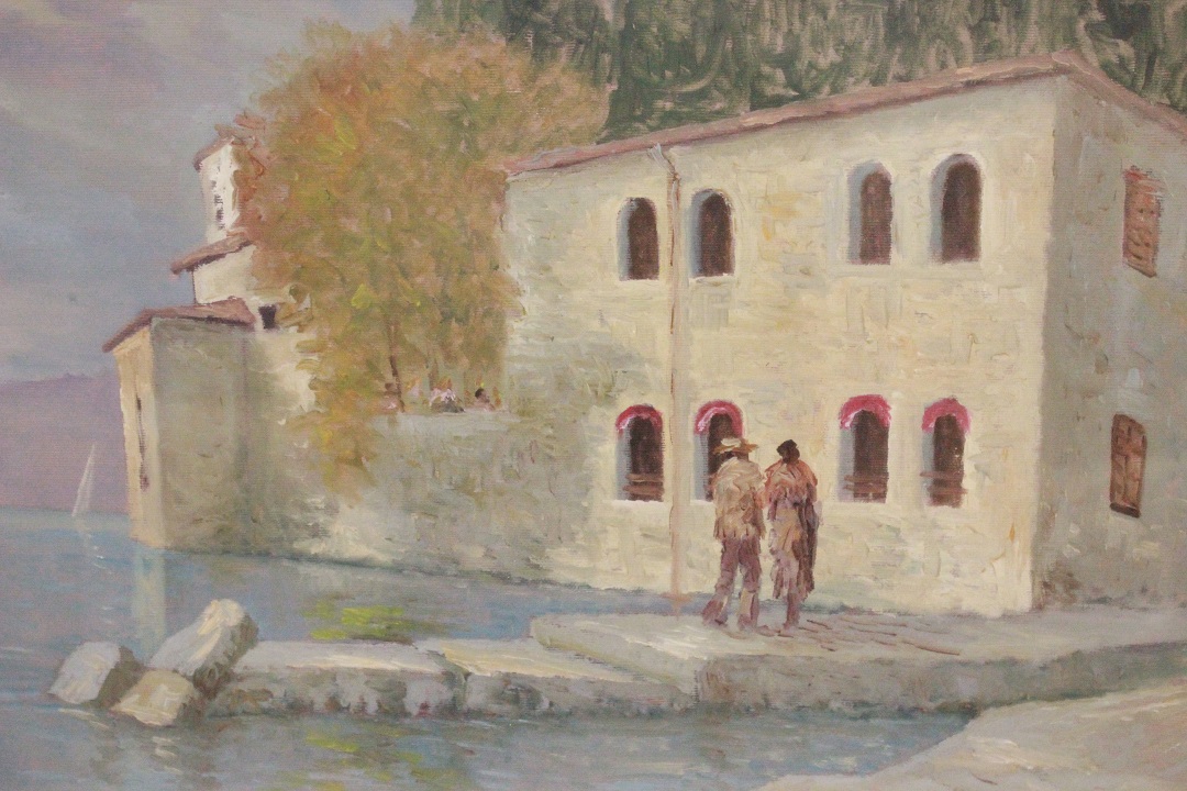 381_quadro_cornice_olio_su_tela_paesaggio_lacustre_lago_casa_persone_Italia_firmato_autore_Giancarlo_Milani_firma_ITA_metà_1900_4