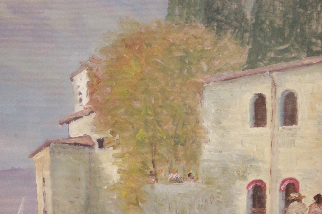381_quadro_cornice_olio_su_tela_paesaggio_lacustre_lago_casa_persone_Italia_firmato_autore_Giancarlo_Milani_firma_ITA_metà_1900_5