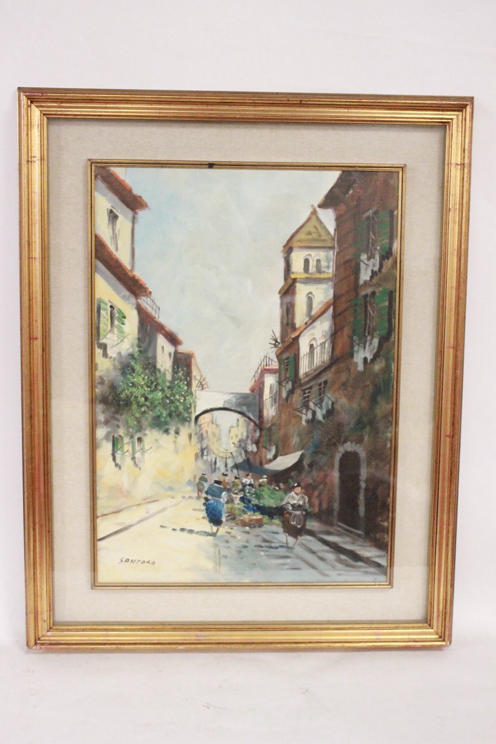 456_quadro_cornice_olio_su_tela_paesaggio_vicolo_persone_mercato_Italia_firmato_firma_Santoro_autore_ITA_metà_1900_0