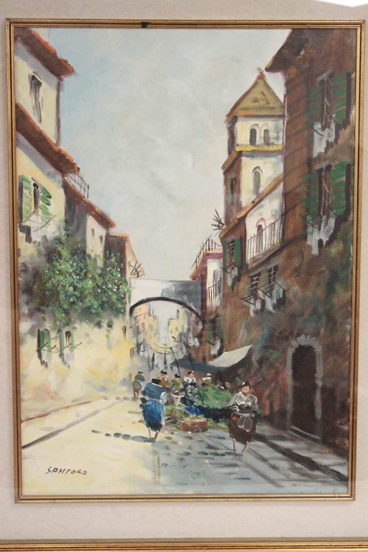 456_quadro_cornice_olio_su_tela_paesaggio_vicolo_persone_mercato_Italia_firmato_firma_Santoro_autore_ITA_metà_1900_1