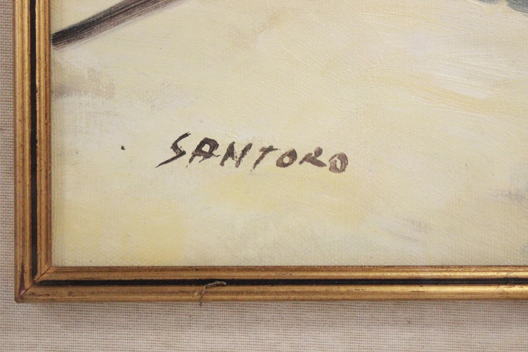 456_quadro_cornice_olio_su_tela_paesaggio_vicolo_persone_mercato_Italia_firmato_firma_Santoro_autore_ITA_metà_1900_2