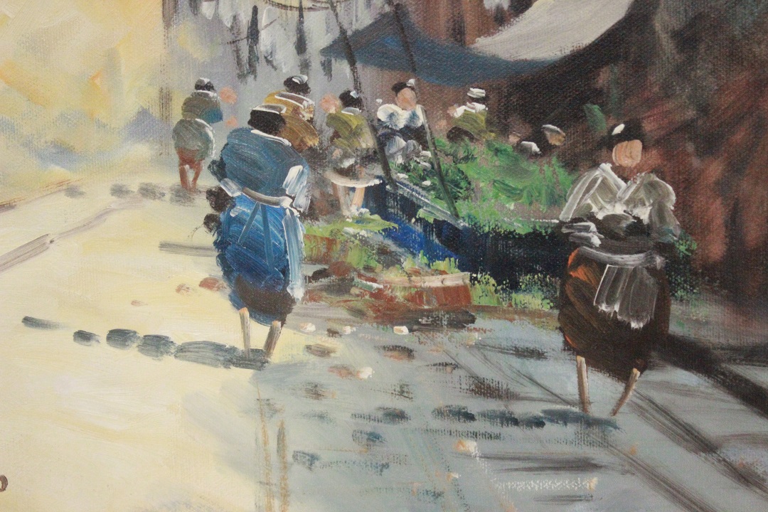 456_quadro_cornice_olio_su_tela_paesaggio_vicolo_persone_mercato_Italia_firmato_firma_Santoro_autore_ITA_metà_1900_3