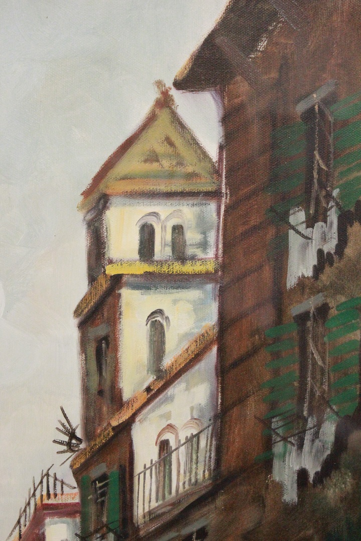 456_quadro_cornice_olio_su_tela_paesaggio_vicolo_persone_mercato_Italia_firmato_firma_Santoro_autore_ITA_metà_1900_4