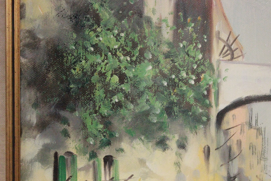 456_quadro_cornice_olio_su_tela_paesaggio_vicolo_persone_mercato_Italia_firmato_firma_Santoro_autore_ITA_metà_1900_6