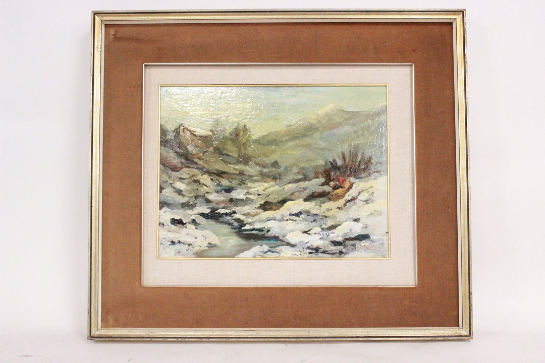 614_quadro_cornice_passepartout_olio_su_faesite_Italia_ITA_metà_1900_fiume_neve_0