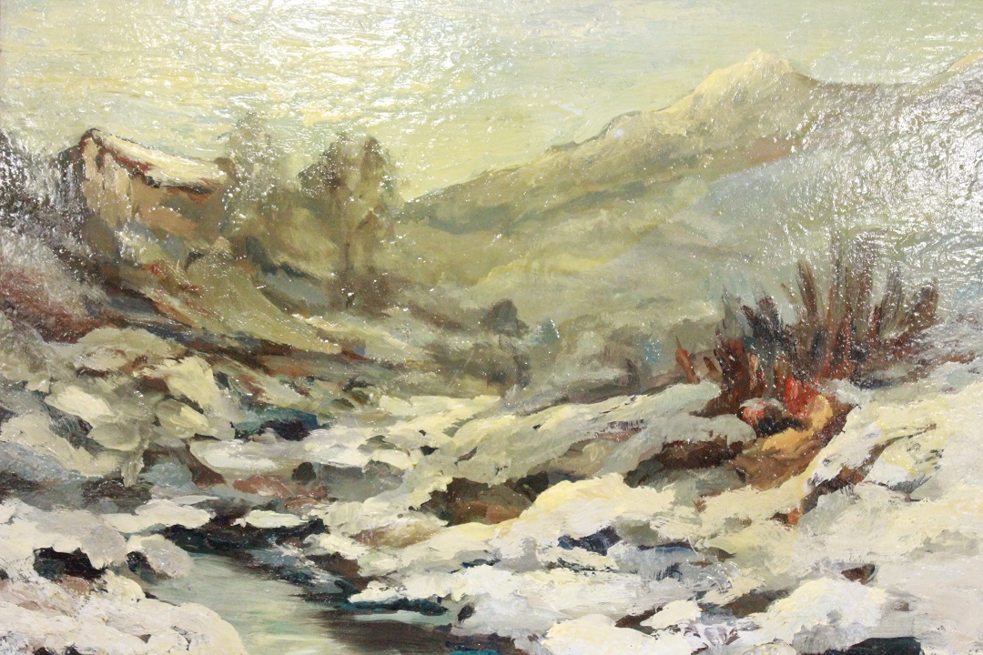 614_quadro_cornice_passepartout_olio_su_faesite_Italia_ITA_metà_1900_fiume_neve_1