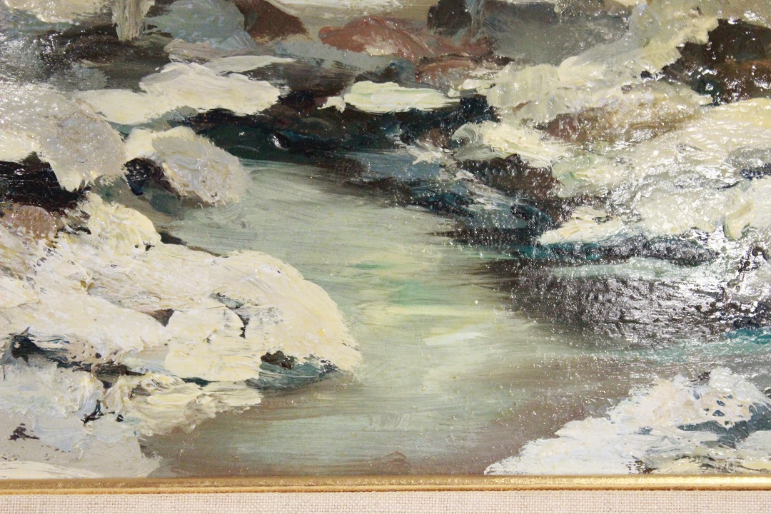 614_quadro_cornice_passepartout_olio_su_faesite_Italia_ITA_metà_1900_fiume_neve_2