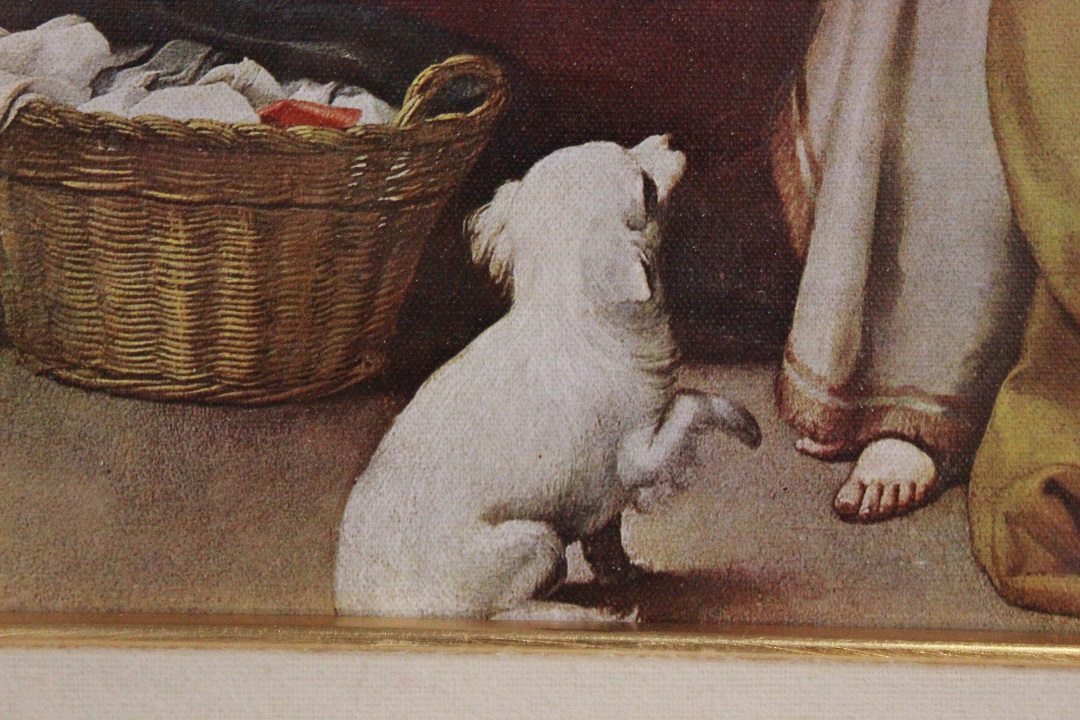 718_quadro_famiglia_animale_cane_cagnolino_stampa_su_tela_cornice_Italia_ITA_metà_1900_6