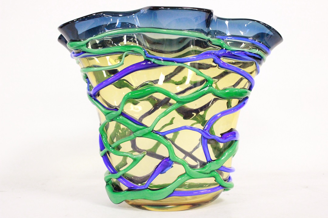 848_vaso_vase_Murano_glass_vetro_blu_giallo_linee_incrociate_firmato_signed_Cammozzo_certificato_artigianato_made_in_Murano_Venezia_Venice_Brescia_Roncadelle_0