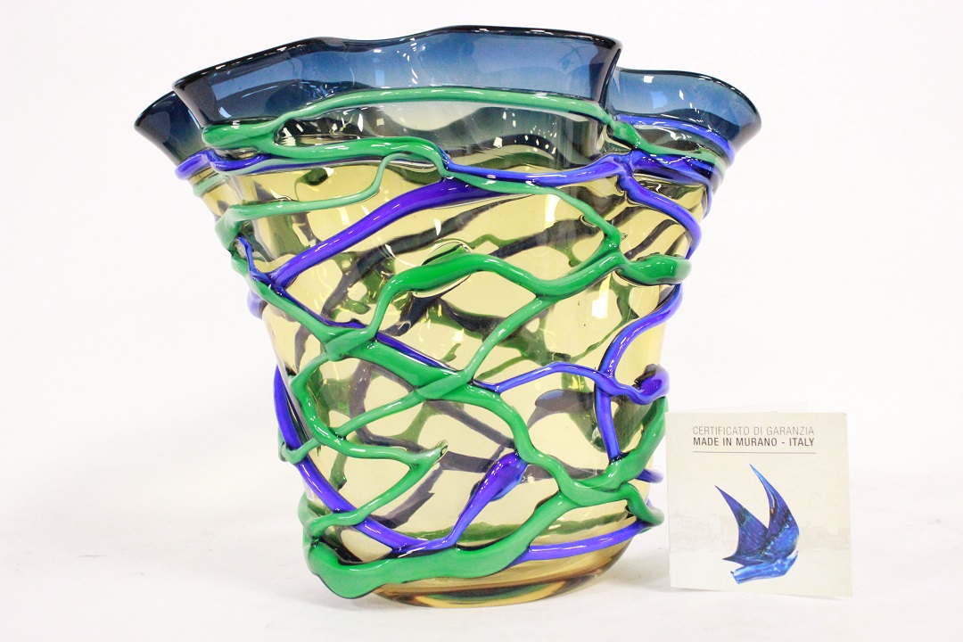 848_vaso_vase_Murano_glass_vetro_blu_giallo_linee_incrociate_firmato_signed_Cammozzo_certificato_artigianato_made_in_Murano_Venezia_Venice_Brescia_Roncadelle_1
