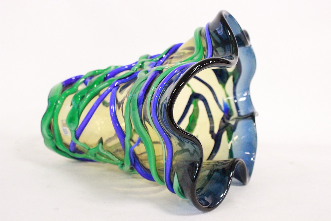 848_vaso_vase_Murano_glass_vetro_blu_giallo_linee_incrociate_firmato_signed_Cammozzo_certificato_artigianato_made_in_Murano_Venezia_Venice_Brescia_Roncadelle_10