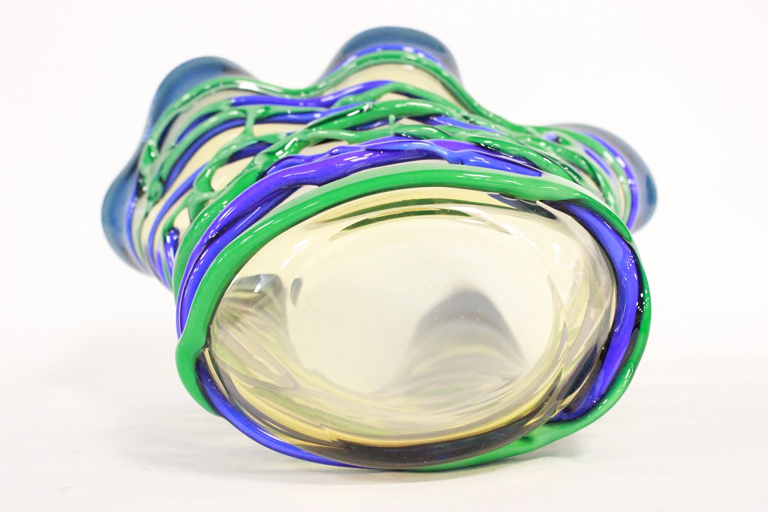 848_vaso_vase_Murano_glass_vetro_blu_giallo_linee_incrociate_firmato_signed_Cammozzo_certificato_artigianato_made_in_Murano_Venezia_Venice_Brescia_Roncadelle_14