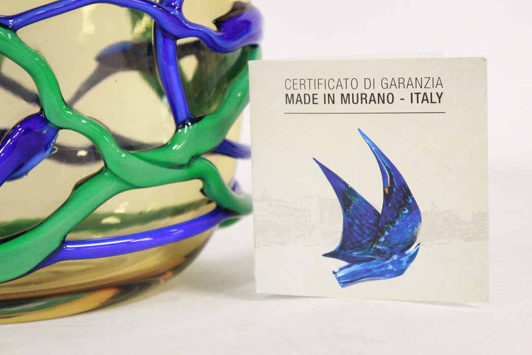848_vaso_vase_Murano_glass_vetro_blu_giallo_linee_incrociate_firmato_signed_Cammozzo_certificato_artigianato_made_in_Murano_Venezia_Venice_Brescia_Roncadelle_2