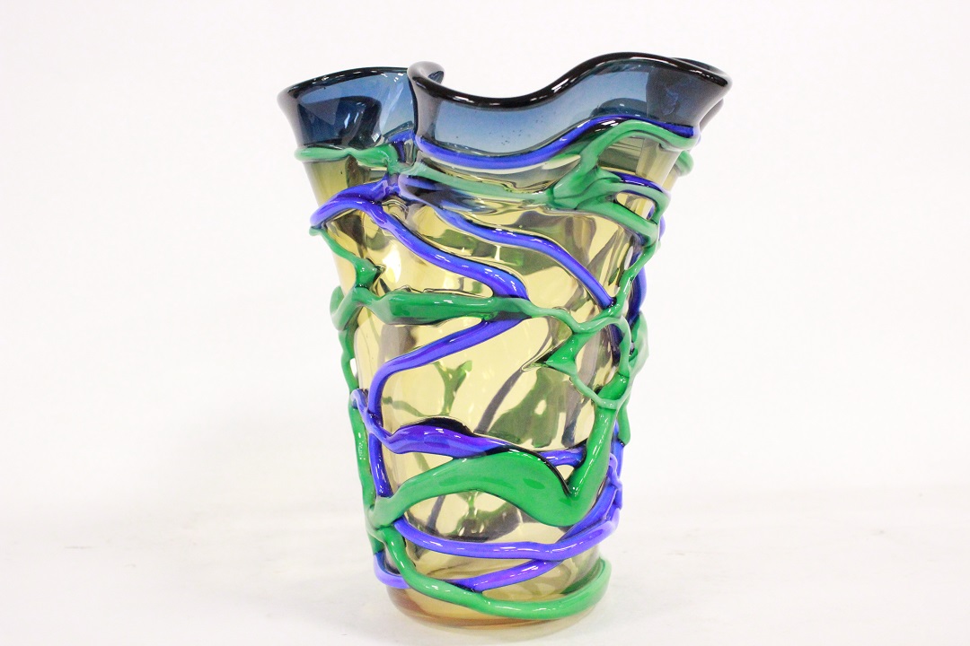848_vaso_vase_Murano_glass_vetro_blu_giallo_linee_incrociate_firmato_signed_Cammozzo_certificato_artigianato_made_in_Murano_Venezia_Venice_Brescia_Roncadelle_4