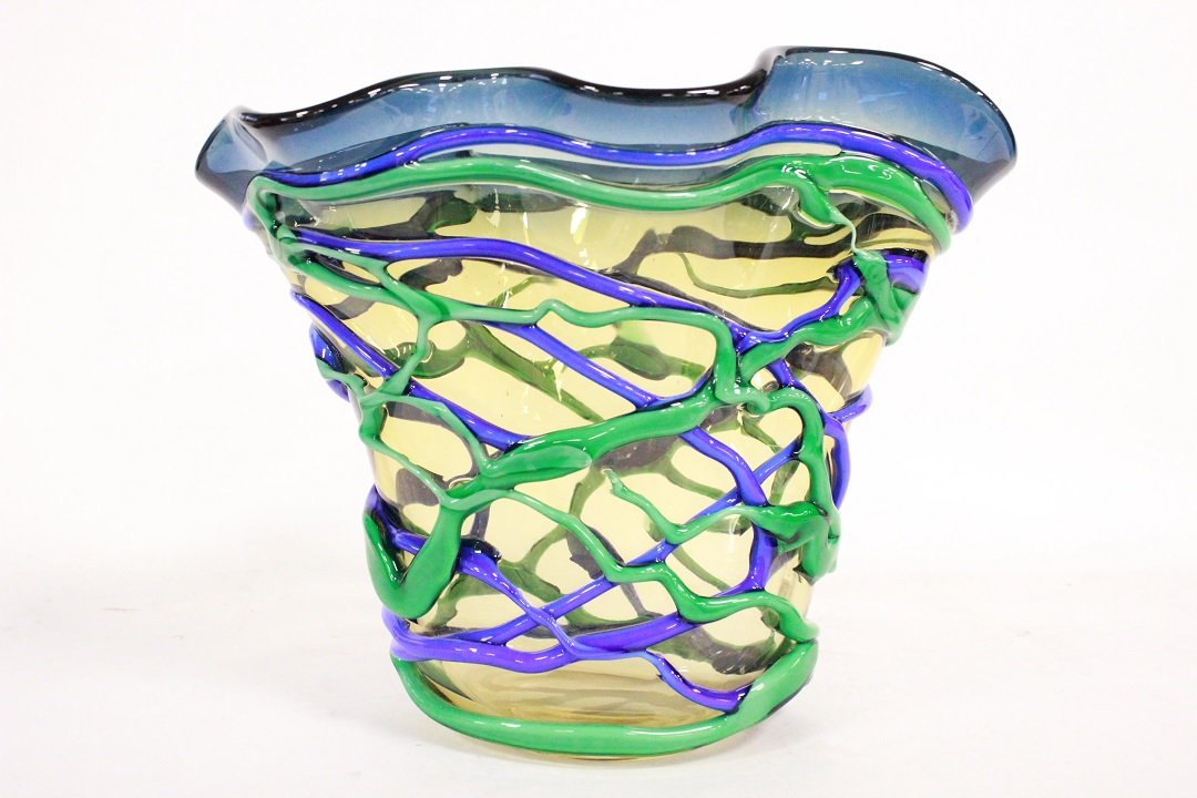 848_vaso_vase_Murano_glass_vetro_blu_giallo_linee_incrociate_firmato_signed_Cammozzo_certificato_artigianato_made_in_Murano_Venezia_Venice_Brescia_Roncadelle_8