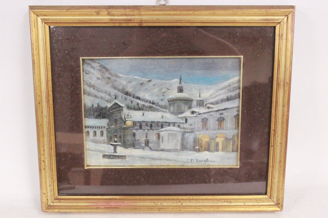 872_quadro_paesaggio_invernale_neve_inverno_chiesa_olio_su_pannello_dipinto_cornice_Italia_ITA_metà_1900_0