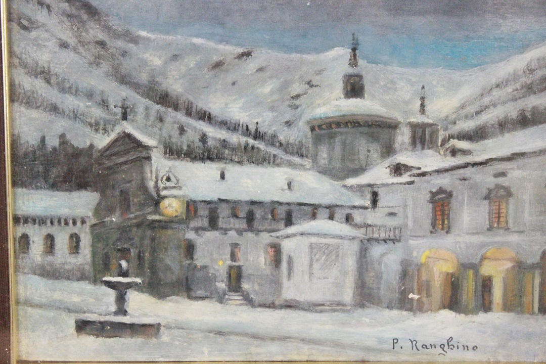 872_quadro_paesaggio_invernale_neve_inverno_chiesa_olio_su_pannello_dipinto_cornice_Italia_ITA_metà_1900_1