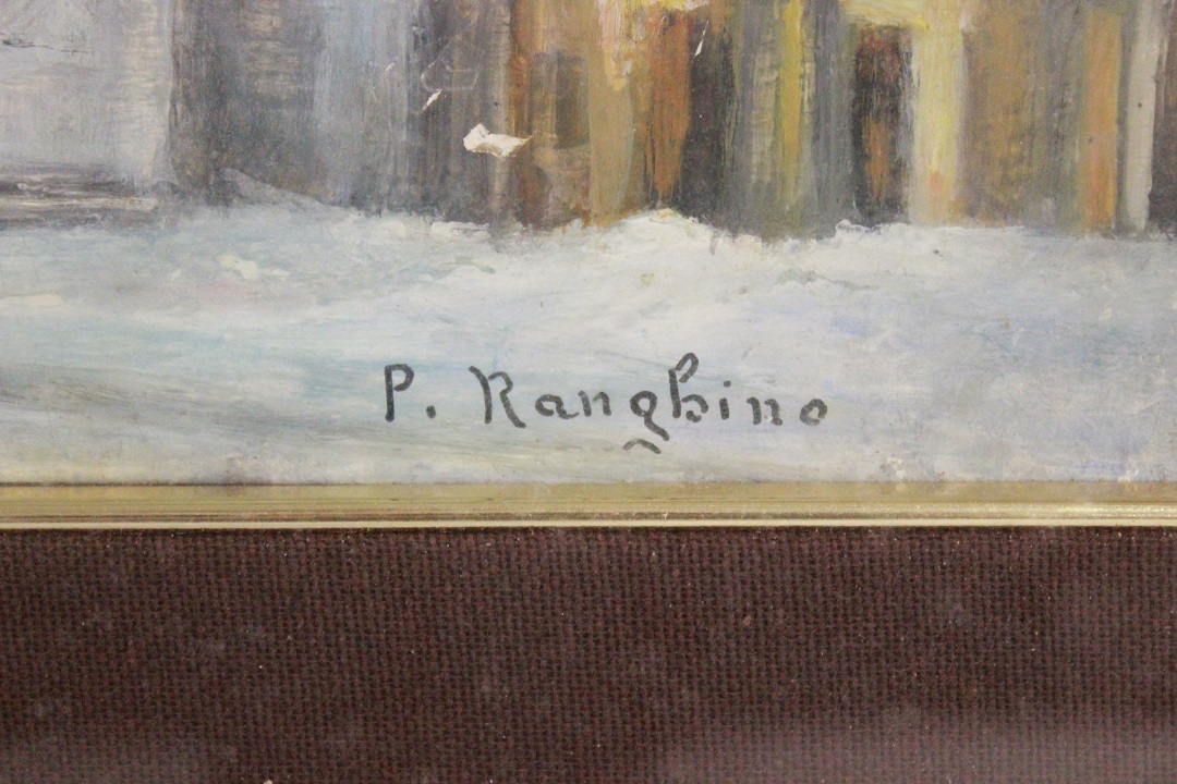 872_quadro_paesaggio_invernale_neve_inverno_chiesa_olio_su_pannello_dipinto_cornice_Italia_ITA_metà_1900_2