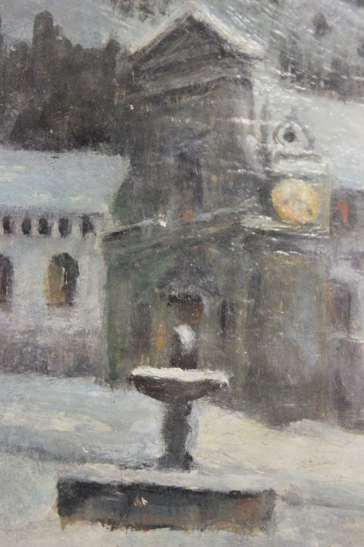 872_quadro_paesaggio_invernale_neve_inverno_chiesa_olio_su_pannello_dipinto_cornice_Italia_ITA_metà_1900_3