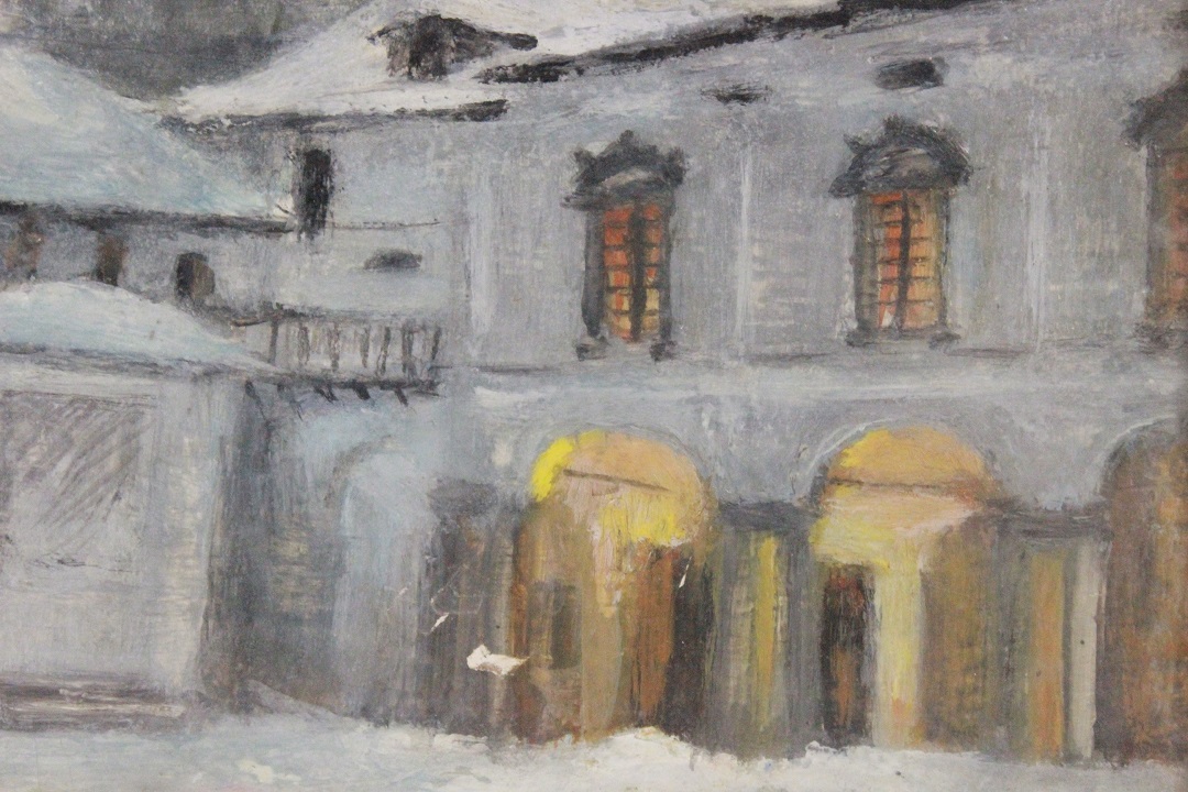 872_quadro_paesaggio_invernale_neve_inverno_chiesa_olio_su_pannello_dipinto_cornice_Italia_ITA_metà_1900_4